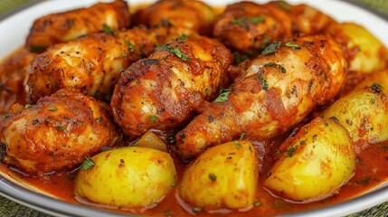 Cooking delicious spicy chicken and potatoes kitchen food photography home close-up culinary delight