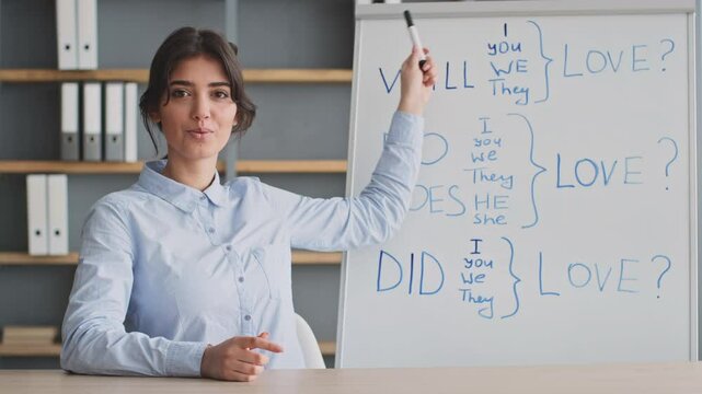 A young woman, dressed casually, conducts an online lesson from her home workspace. A whiteboard with verb forms is visible, highlighting her teaching focus on education and engagement with students.