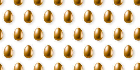 Golden shiny eggs seamless pattern isolated on white background. 3d realistic gold egg repeating objects for greeting card, packaging, web banner, poster or flyer. Vector textile cover wallpaper
