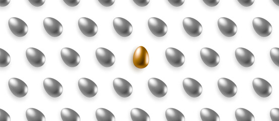 Golden egg isolated among multiple silver eggs on white background. Realistic shiny 3d vector seamless pattern isolated on white background for packaging, web banner, greeting card, flyer or poster.