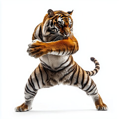 Fototapeta premium Tiger plays kung fu fighter isolated on white background Generative ai