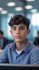 Fototapeta premium Hispanic teen guy portrait in blur business meeting background