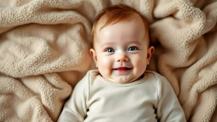 A sweet, joyful baby lies on a soft, beige sherpa or fleece blanket. - Powered by Adobe