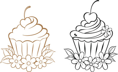 set of Elegant Cupcake with Heart Cherry and Botanical Flowers – Line Art Book Vector Design
