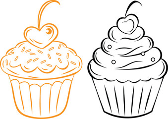 cupcake with a heart-shaped cherry on top, and botanical flowers