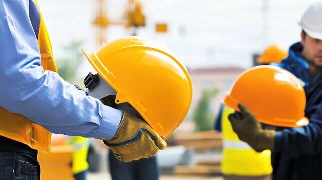 Construction workers preparing safety gear at job site industrial environment action shot