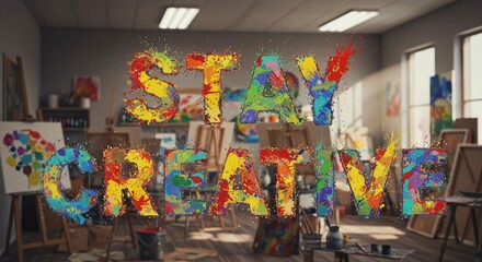 Fototapeta premium Inspiring artistic message stay creative in vivid splattered paint design studio