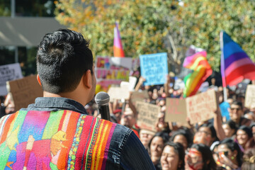 A person speaking at a rally for immigrant rights