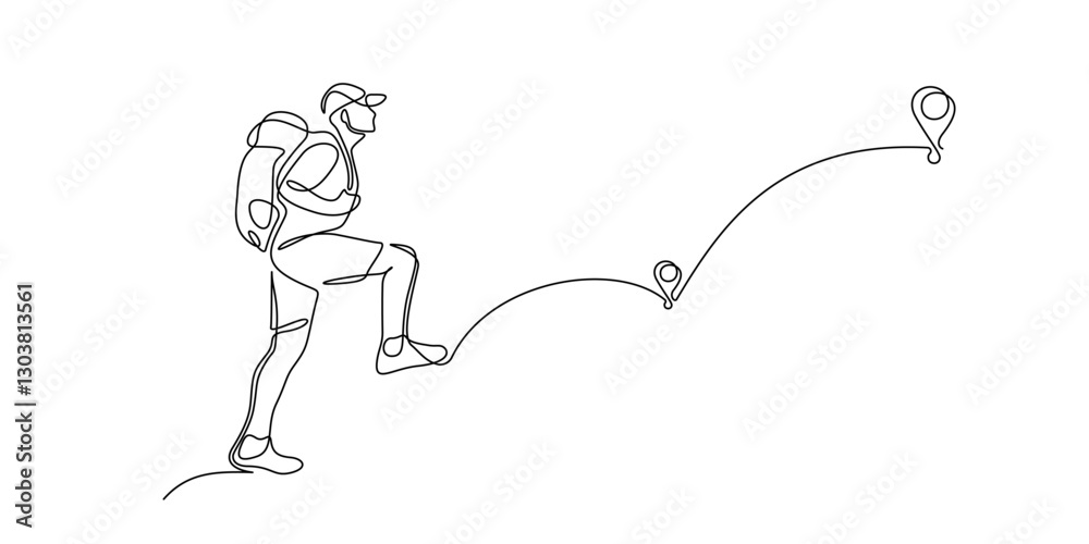 Poster Man climbs the mountains in one continuous line drawing. Traveler with backpack is hiking in simple linear style. Leadership development Editable stroke. Doodle oneline vector illustration