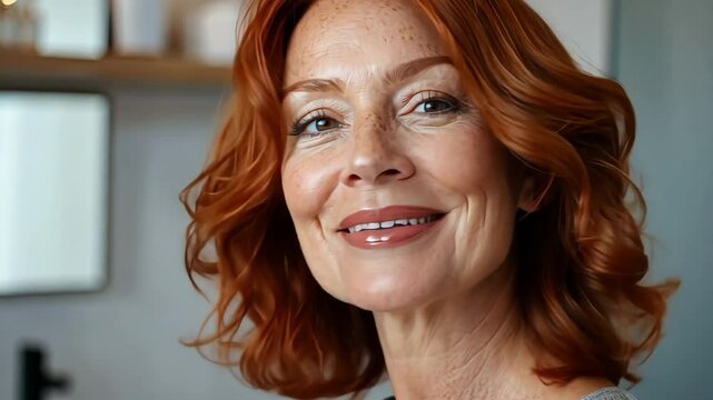 A 50 year old woman with copper-colored hair, smiling and looking at the camera, generative AI