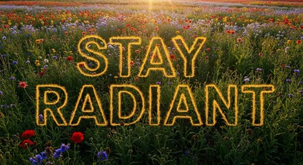Fototapeta premium Illuminated 'Stay Radiant' Text Over a Lush Blooming Meadow at Sunset
