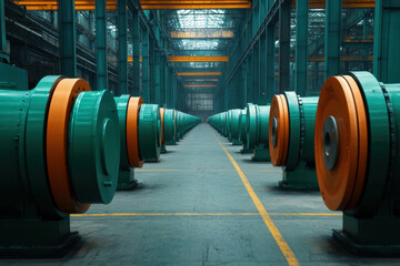 Industrial machines arranged systematically spacious factory. vibrant green and orange colors of machinery create striking visual contrast, emphasizing advanced technology used manufacturing