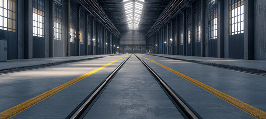 spacious industrial warehouse with empty tracks and high ceilings, showcasing modern architecture and lighting. atmosphere is calm and organized, ideal for storage or manufacturing