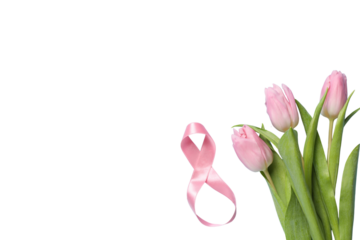 8 March, International Women's Day, bouquet of pink tulips and box with a gift, space for text, isolated on white background, PNG