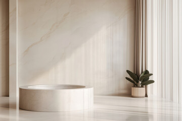 Elegant round marble podium with soft reflection in minimalist interior, featuring potted plant and soft natural light streaming through sheer curtains