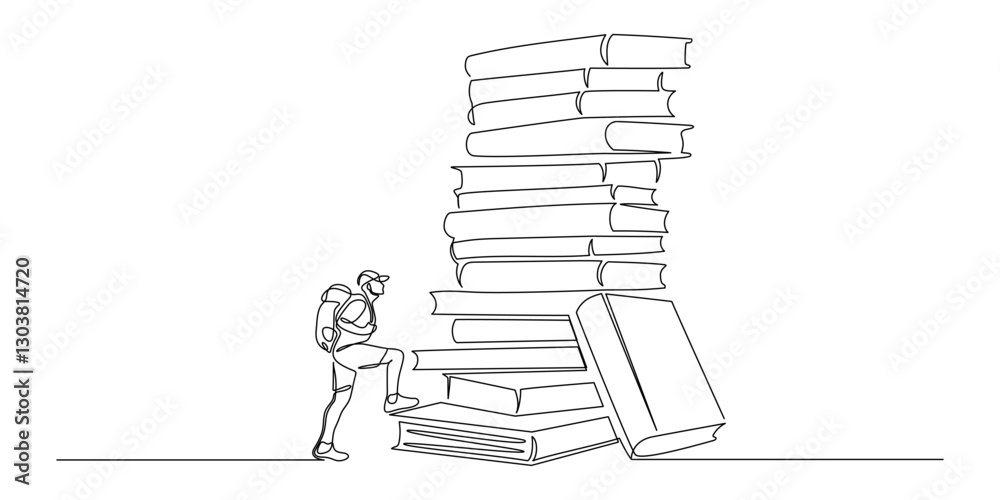 Poster Man climbs the stack of books in one continuous line drawing. Traveler with backpack is hiking in simple linear style. Leadership development Editable stroke. Doodle vector illustration