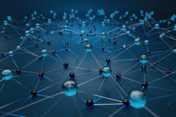 Futuristic digital network concept with glowing blue and black nodes interconnected by thin lines, representing artificial intelligence and cloud computing