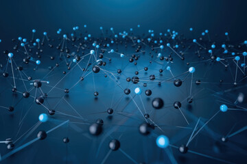 An abstract 3d network visualization with glowing blue nodes and interconnecting lines, symbolizing digital connectivity, data exchange, and advanced technology in a futuristic style