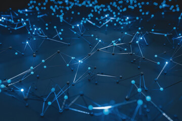 3d futuristic network visualization with glowing interconnected nodes, symbolizing cloud computing, blockchain, and artificial intelligence technology