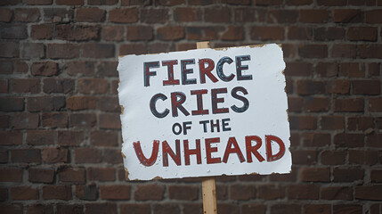 Fototapeta premium Fierce Cries of the Unheard - A lone protest sign against a somber, brick background.