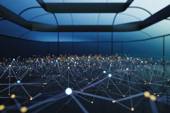 A conceptual digital representation of a network grid with glowing nodes and interconnected lines, illustrating blockchain and global data exchange