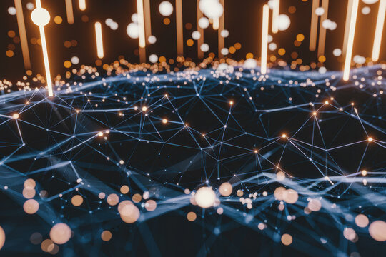 A high-tech 3d render of an abstract network with illuminated nodes and interconnected lines, symbolizing cloud computing and data analytics