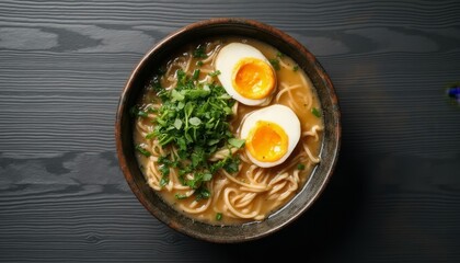 A Delicious Bowl of Ramen Noodles with Soft Boiled Eggs and Fresh Greens