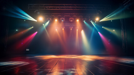 Fototapeta na wymiar Empty stage with colorful spotlights. Scene lighting effects