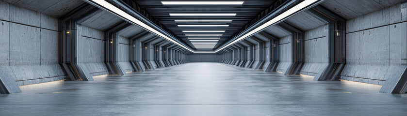 Naklejka premium Spacious industrial factory interior with concrete walls and bright lighting, creating modern and open atmosphere. Ideal for various industrial applications