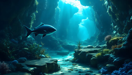 Fototapeta premium Aquatic Symphony: A solitary fish gracefully swims through the radiant, sunlit waters of an underwater cave. It's a dance of light and shadow.