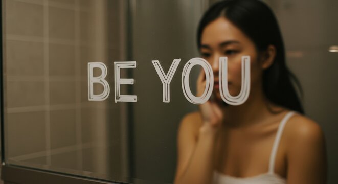 Empowering self affirmation writing on a mirror with a blurred reflection