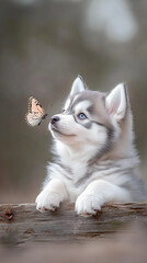 Fototapeta premium a furry husky puppy interacting with a small butterfly. The puppy's expressive dark eyes gaze upward as a small butterfly gracefully perches on its nose. 