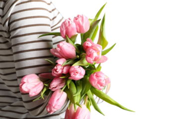 8 March, International Women's Day, woman in a striped sweater with a bouquet of pink tulips in her hands, space for text, isolated on white background, PNG