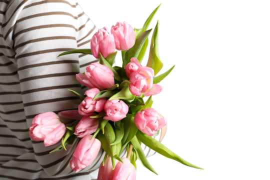8 March, International Women's Day, woman in a striped sweater with a bouquet of pink tulips in her hands, space for text, isolated on white background, PNG