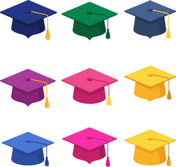 A set of nine colorful graduation caps with tassels, arranged in three rows, symbolizing academic achievement and celebration.  
