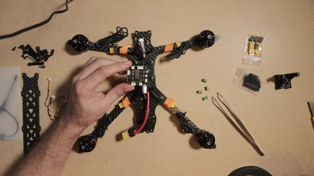 An engineer assembles a racing drone, carefully handling a flight controller. The drone's carbon fiber frame, brushless motors, and electronic components are laid out on a workbench