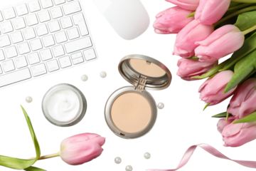 8 March, International Women's Day, bouquet of pink tulips, cosmetics and laptop, top view, isolated on white background, PNG