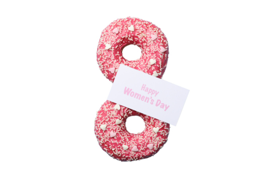 8 March, International Women's Day, figure eight of donuts and greeting card, top view, isolated on white background, PNG