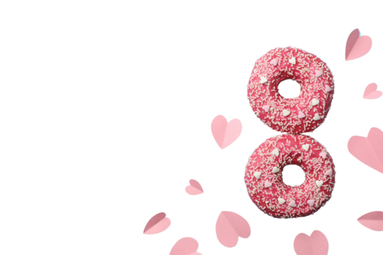 8 March, International Women's Day, figure eight of donuts and paper hearts, space for text, isolated on white background, PNG