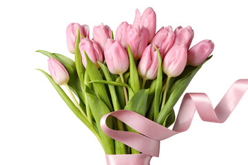8 March, International Women's Day, bouquet of pink tulips tied with ribbon, isolated on white...