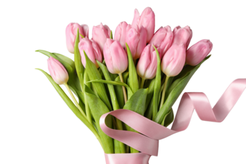 8 March, International Women's Day, bouquet of pink tulips tied with ribbon, isolated on white background, PNG