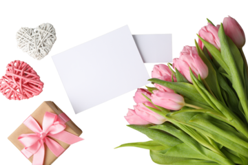 8 March, International Women's Day, bouquet of pink tulips, gift box, wicker hearts and sheets of paper, top view, isolated on white background, PNG