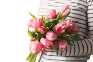 8 March, International Women's Day, woman in a striped sweater with a bouquet of pink tulips in her hands, isolated on white background, PNG