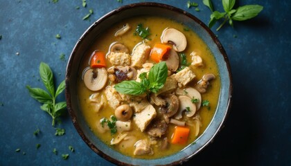Close-up of a delicious homemade mushroom soup with tofu and carrots
