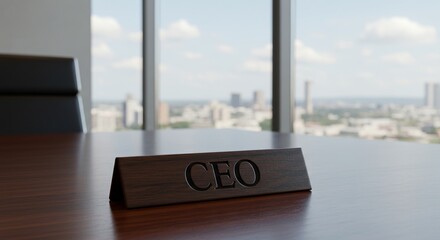 Chief Executive Officer desk plate with skyscraper view in the background
