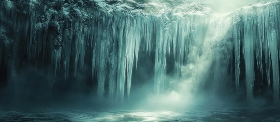 A frozen waterfall with icicles hanging from the cliff face.