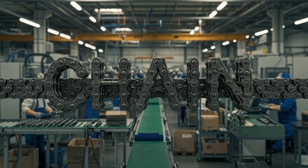 Naklejka premium Industrial concept: Chain text formed from metal links in factory setting