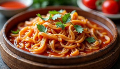 Delicious and appetizing spaghetti with tomato sauce served in a wooden bowl garnished with fresh parsley