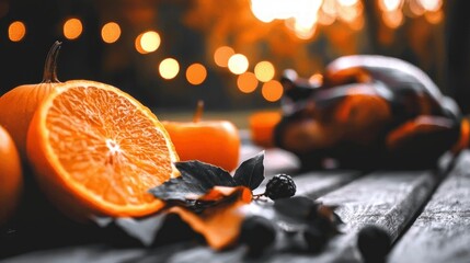 Thanksgiving Feast  Roasted Turkey  Oranges  Pumpkins  Autumn