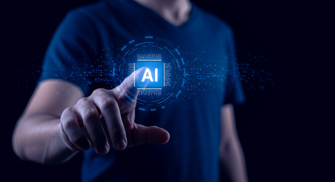 Futuristic AI Interaction &ndash; Researcher Pressing a Virtual AI Button to Enter a AI